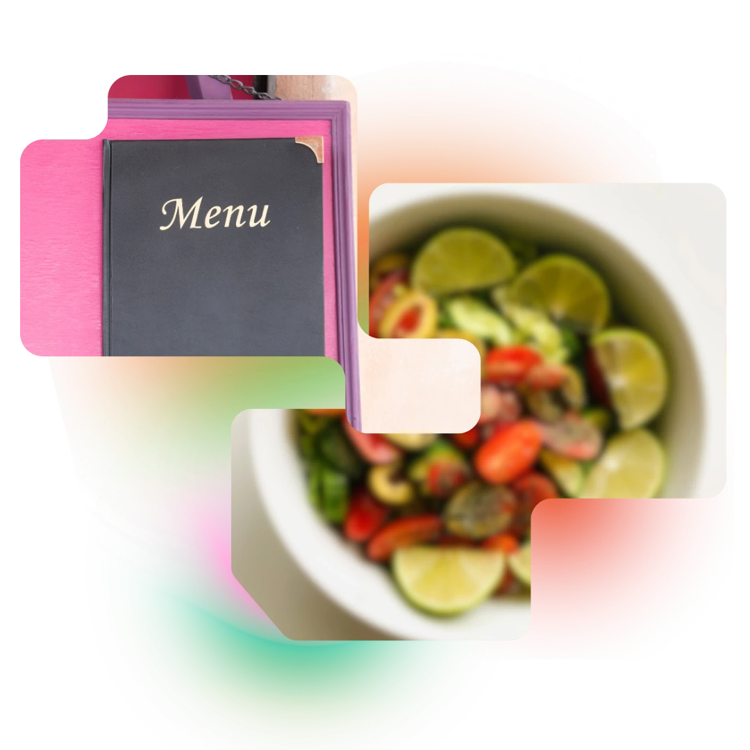 ilustrasi gambar foto makanan yang buram karena kurang menarik dan buku menu yang biasa saja