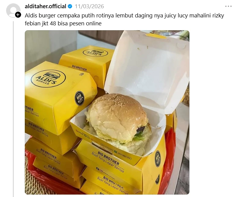 viralnya aldis burger yang diposting oleh aldi taher di media sosial threads