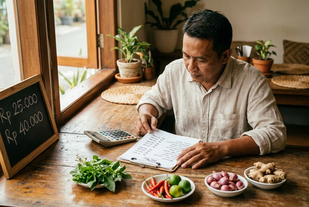 owner bisnis F&B sedang menetapkan harga menu restoran