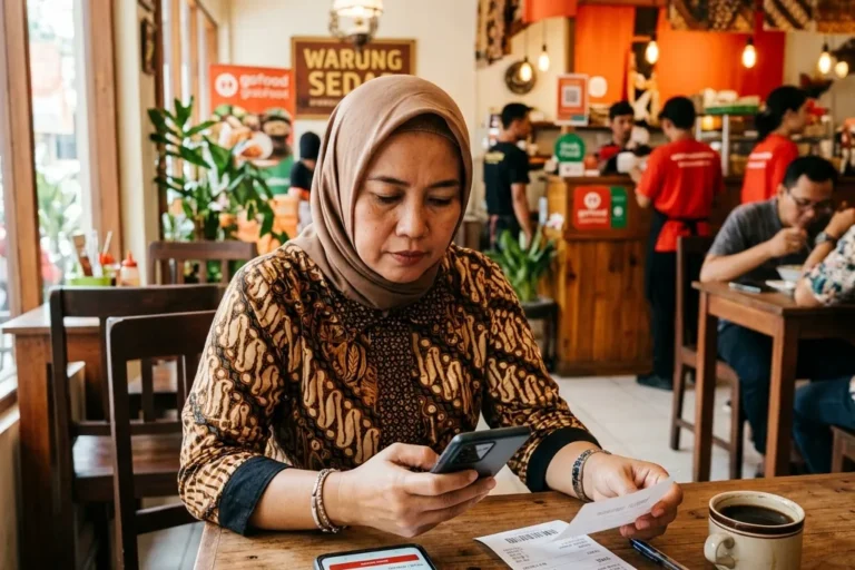 ibu berjilbab sebagai owner restoran sedang menghitung biaya layanan aplikasi pesan-antar makanan