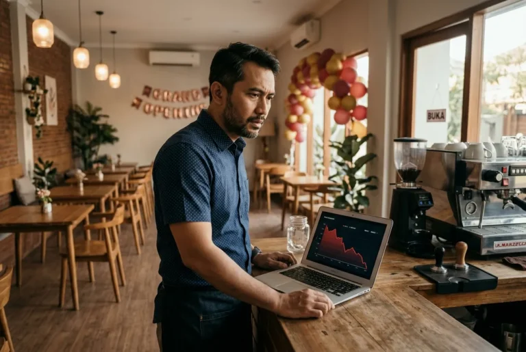 owner cafe melihat layar laptop yang menunjukan grafik penurunan omzet
