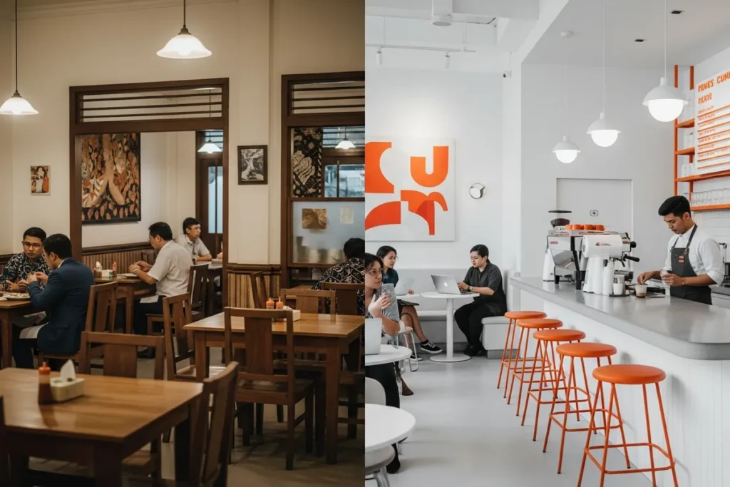 perbandingan gambar antara meneruskan brand resto dengan rebranding atau membuat sub brand