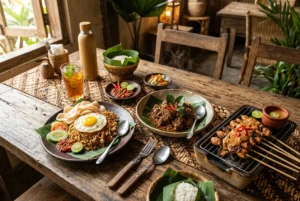 menu nusantara andalan rumah makan, nasi goreng, sate ayam