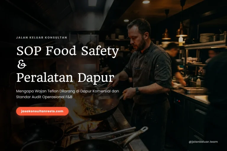 sop food safety pada wajan teflon - ilustrasi chef berada di dapur restoran sedang memasak menggunakan spatula dan wajan stainless