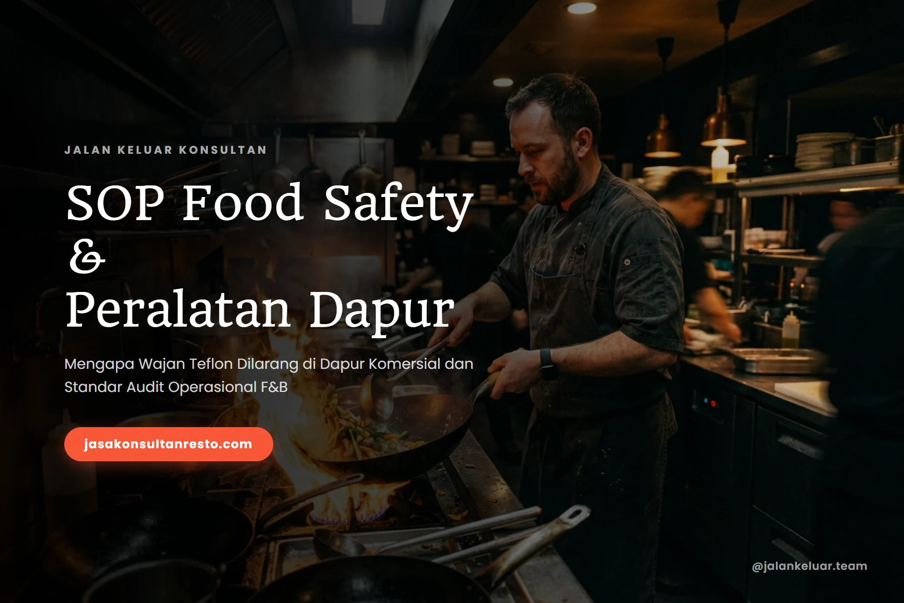 sop food safety pada wajan teflon - ilustrasi chef berada di dapur restoran sedang memasak menggunakan spatula dan wajan stainless